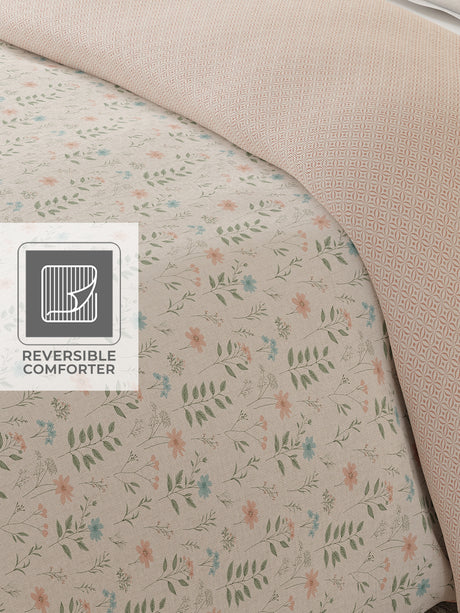 Cottage Garden 100% Cotton 300 TC Grey Printed Single Reversible Comforter - Pack of 1 (88 L x 60 W inches)