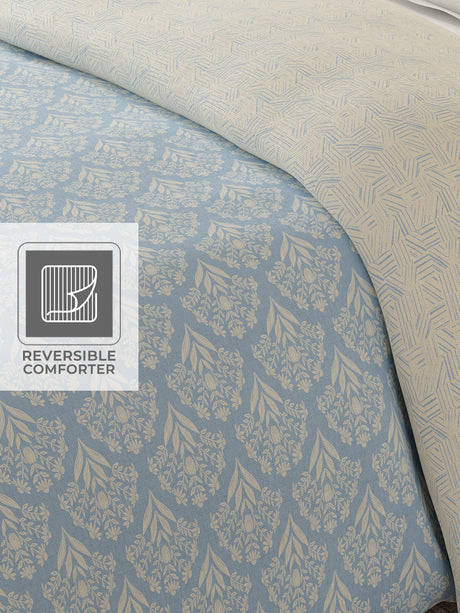 Cottage Garden 100% Cotton 300 TC Blue & Beige Printed Single Reversible Comforter - Pack of 1 (88 L x 60 W inches)