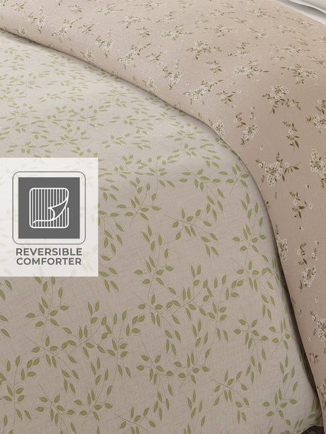 Cottage Garden 100% Cotton 300 TC Green & Beige Printed Single Reversible Comforter - Pack of 1 (88 L x 60 W inches)
