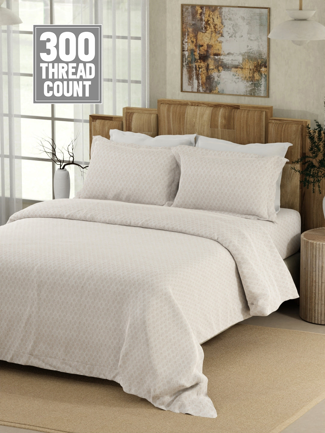 Gardenia Augusta 100% Cotton 300 TC White Digitally Printed Super King Bedsheet with 2 Pillow Covers