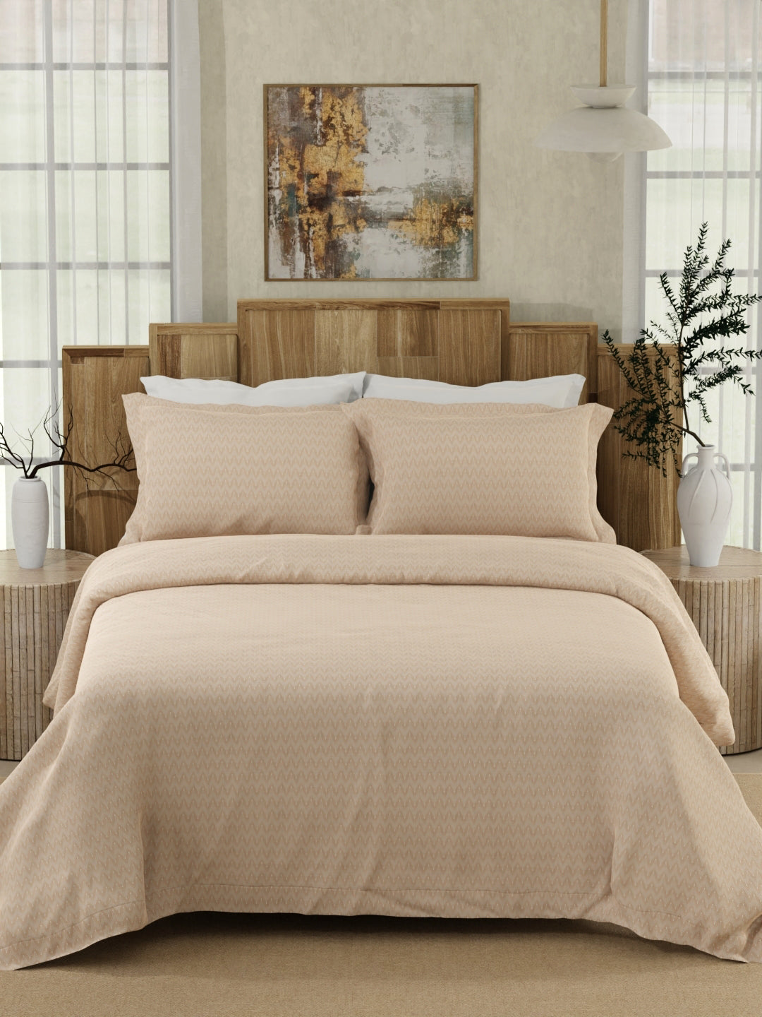 100% Cotton 300 TC Beige Digitally Printed Super King Bedsheet with 2 Pillow Covers - Gardenia Augusta