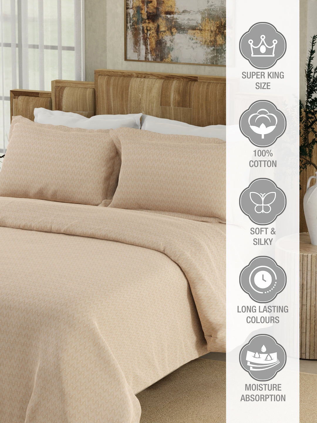 100% Cotton 300 TC Beige Digitally Printed Super King Bedsheet with 2 Pillow Covers - Gardenia Augusta