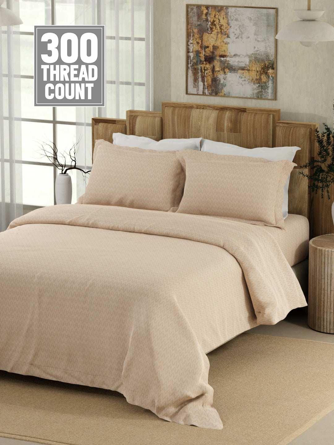 100% Cotton 300 TC Beige Digitally Printed Super King Bedsheet with 2 Pillow Covers - Gardenia Augusta