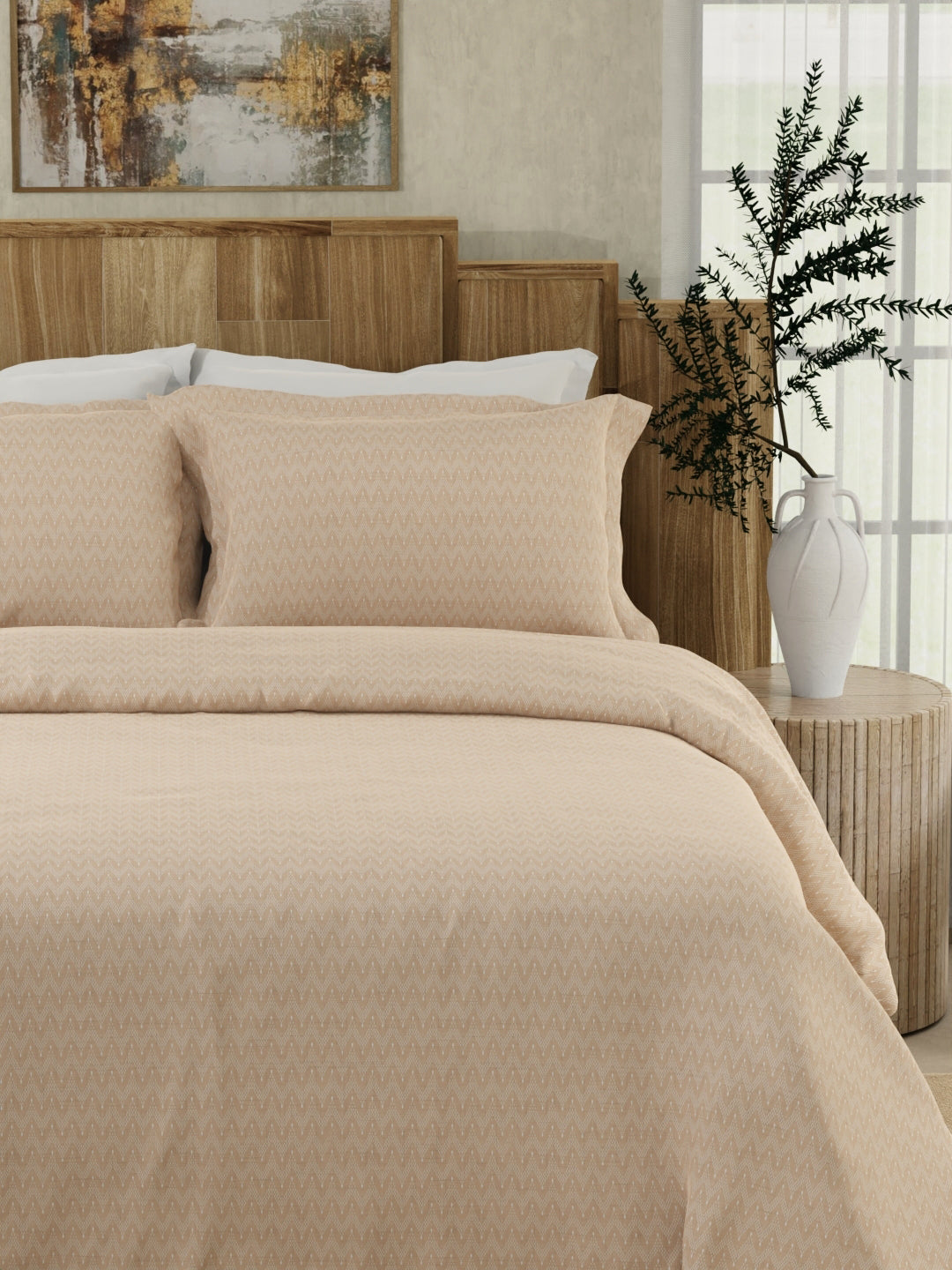 100% Cotton 300 TC Beige Digitally Printed Super King Bedsheet with 2 Pillow Covers - Gardenia Augusta
