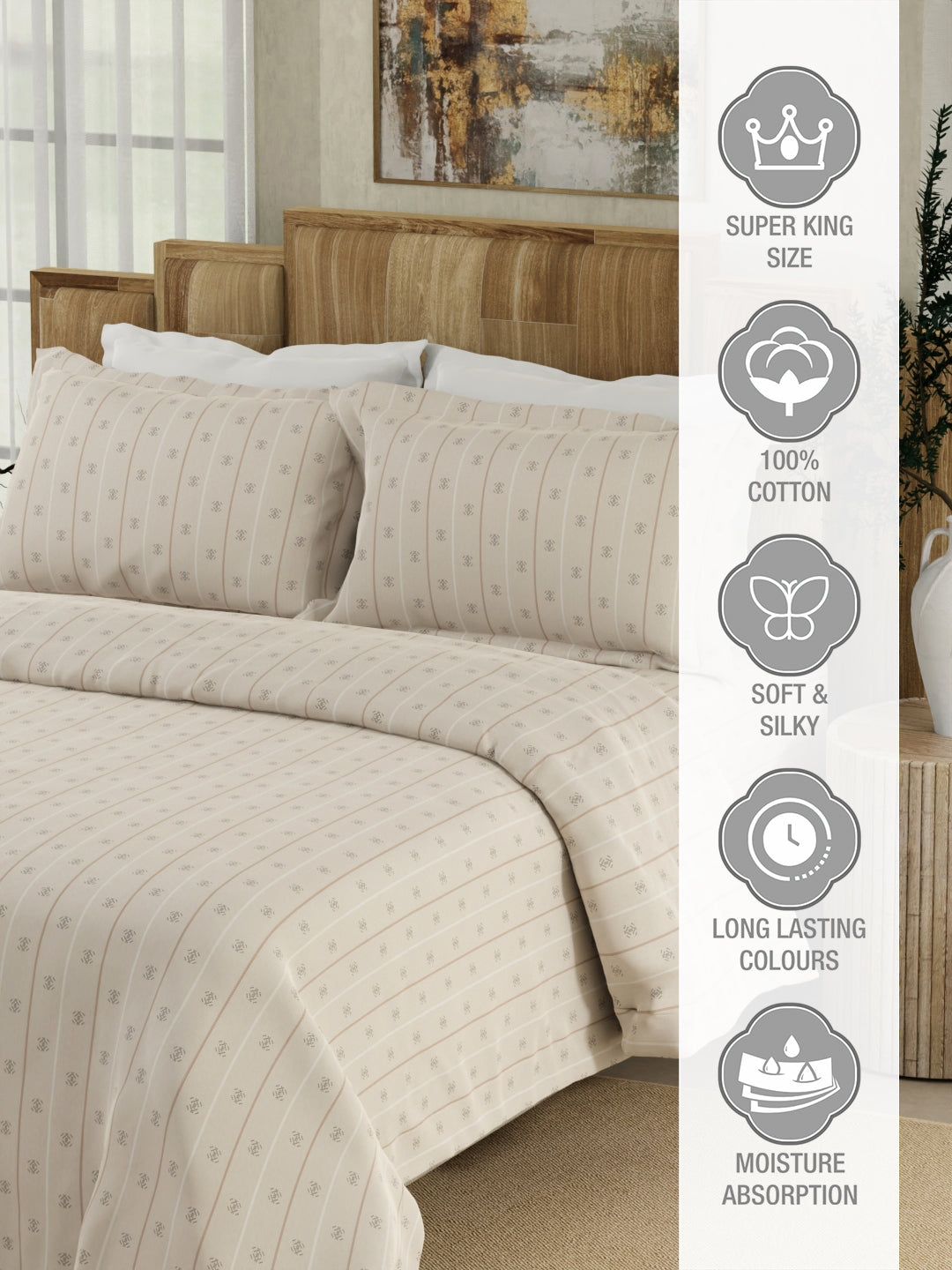 Gardenia Augusta 100% Cotton 300 TC Grey Digitally Printed Super King Bedsheet with 2 Pillow Covers