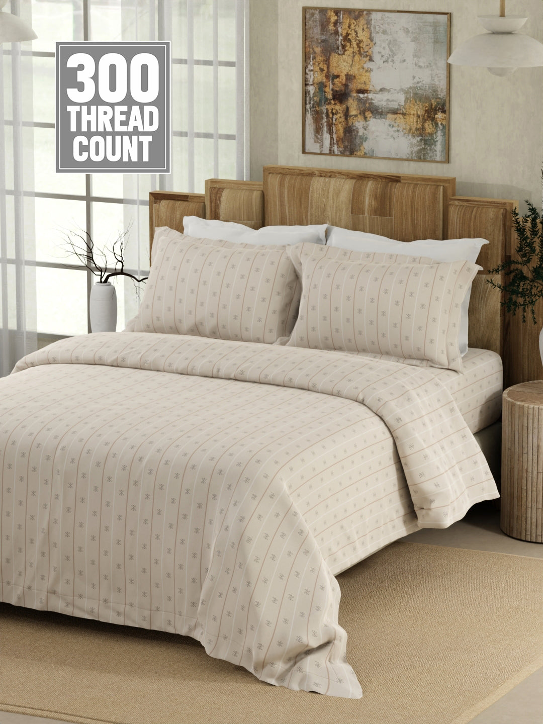 Gardenia Augusta 100% Cotton 300 TC Grey Digitally Printed Super King Bedsheet with 2 Pillow Covers