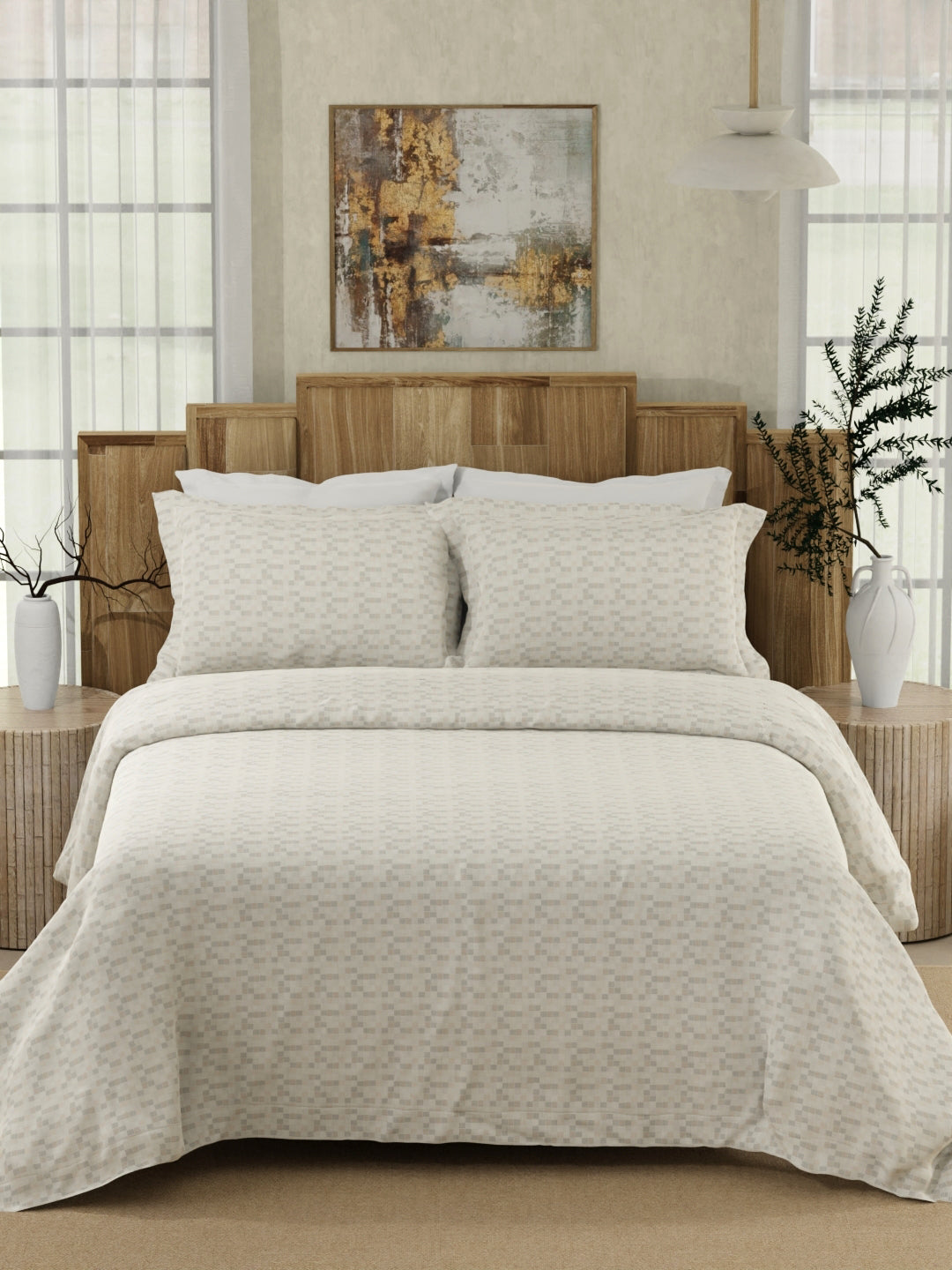 Gardenia Augusta 100% Cotton 300 TC White & Beige Digitally Printed Super King Bedsheet with 2 Pillow Covers