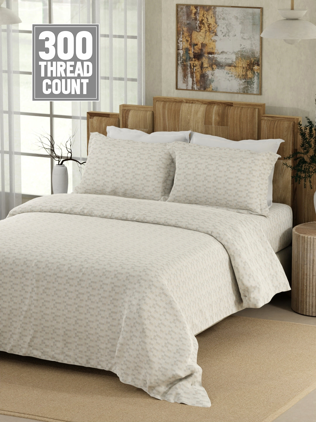 Gardenia Augusta 100% Cotton 300 TC White & Beige Digitally Printed Super King Bedsheet with 2 Pillow Covers