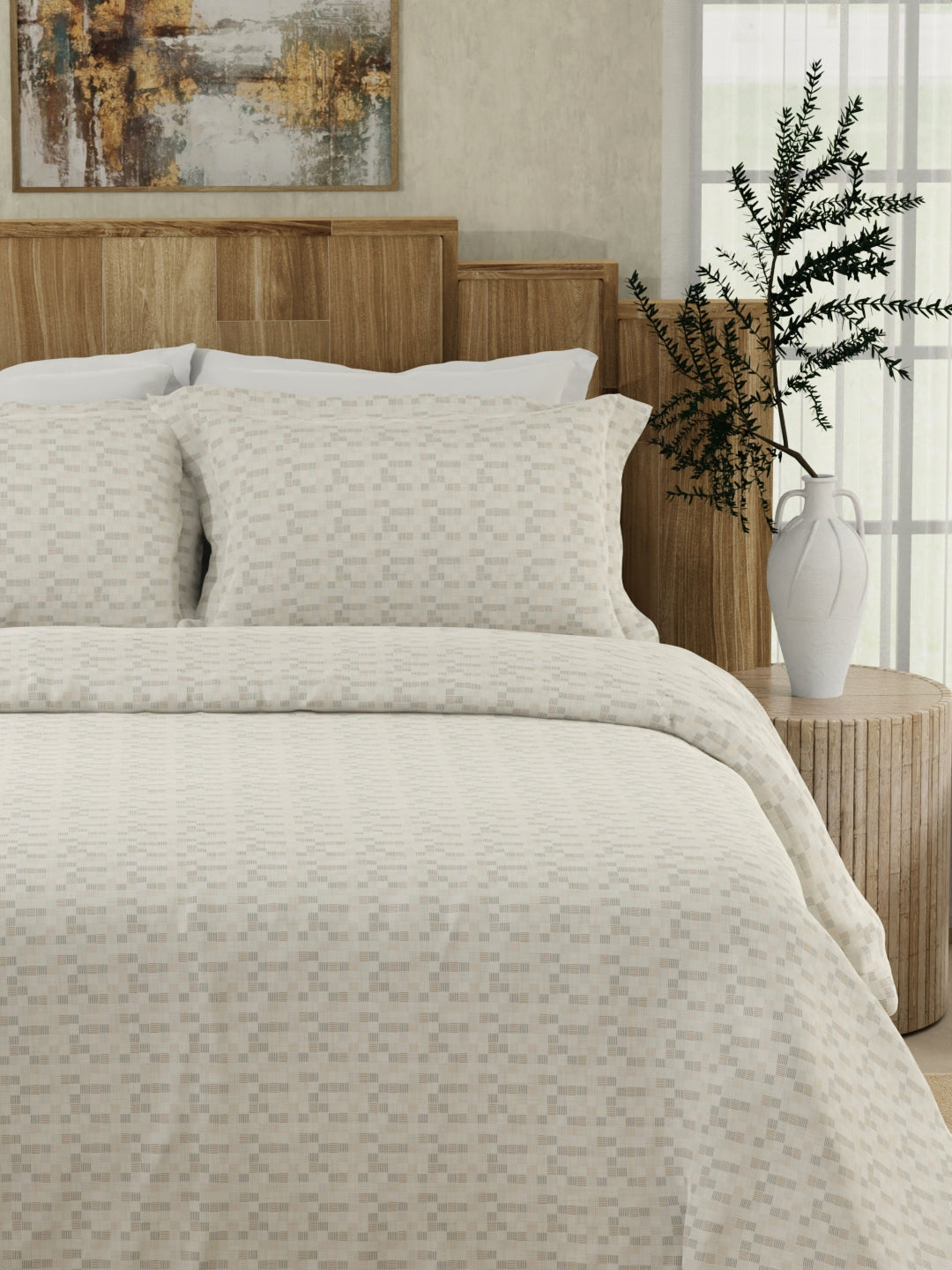 Gardenia Augusta 100% Cotton 300 TC White & Beige Digitally Printed Super King Bedsheet with 2 Pillow Covers