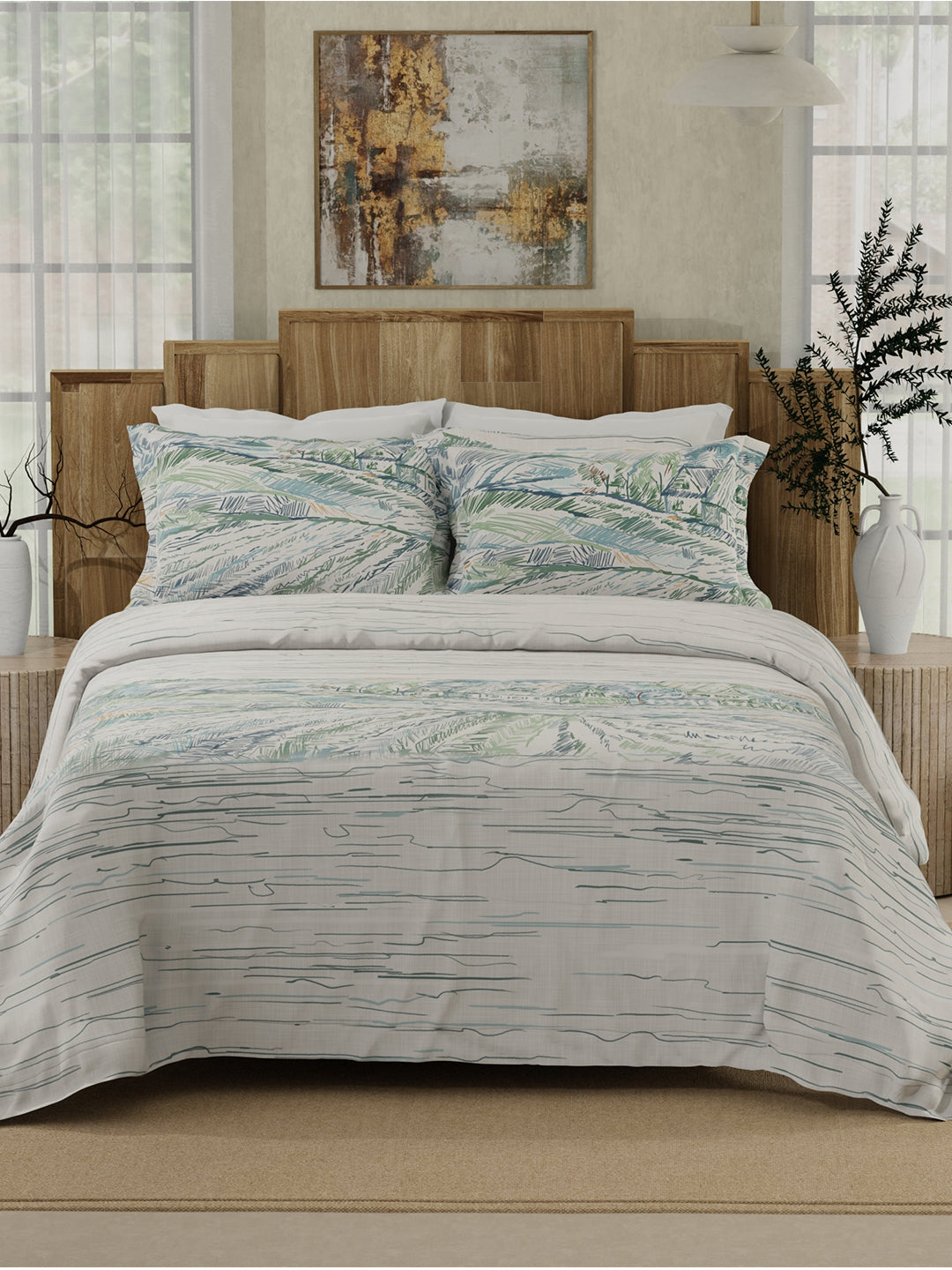 100% Cotton 300 TC White & Blue Digitally Printed King Bedsheet with 2 Pillow Covers - Gardenia Augusta