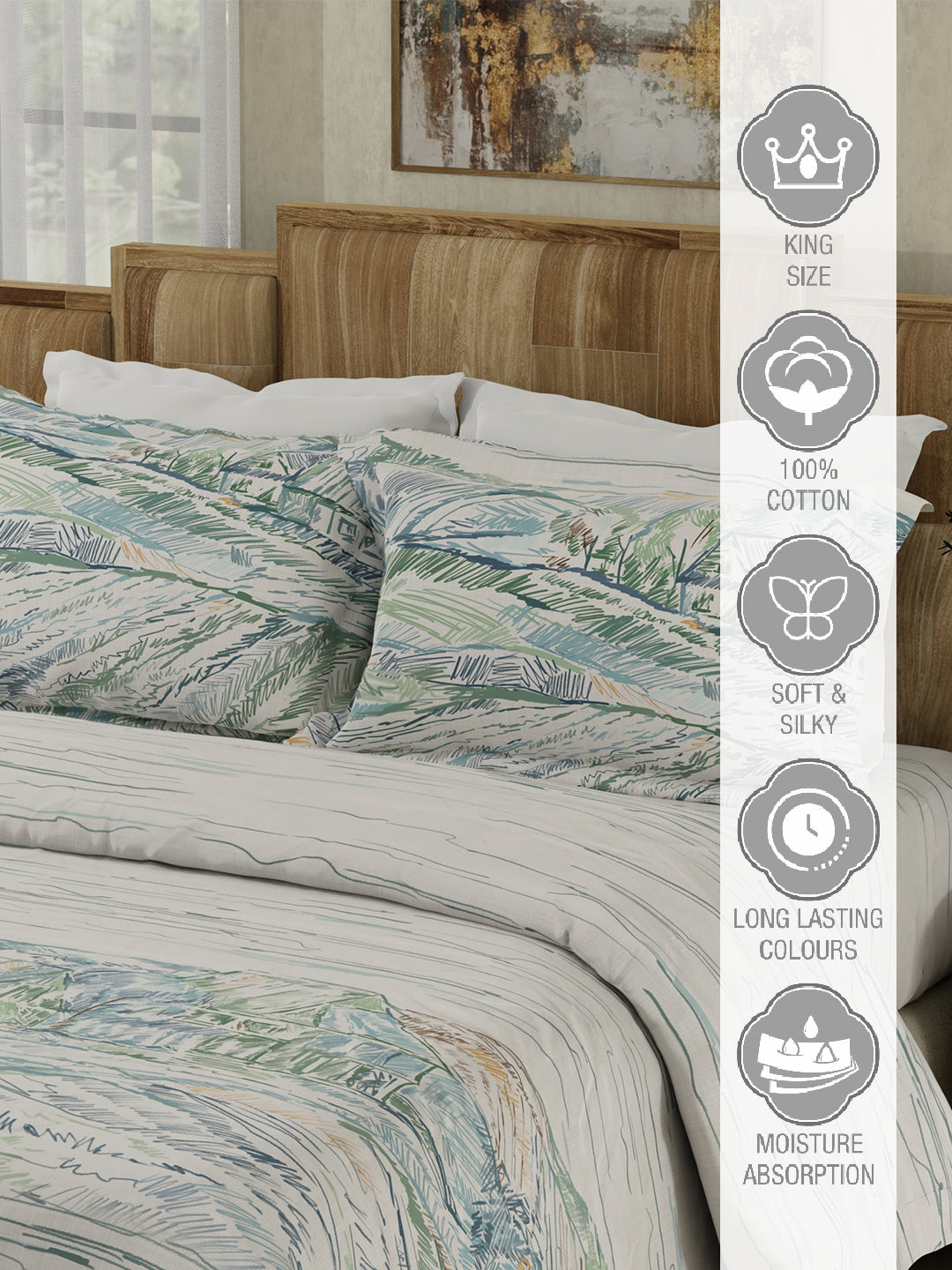 100% Cotton 300 TC White & Blue Digitally Printed King Bedsheet with 2 Pillow Covers - Gardenia Augusta