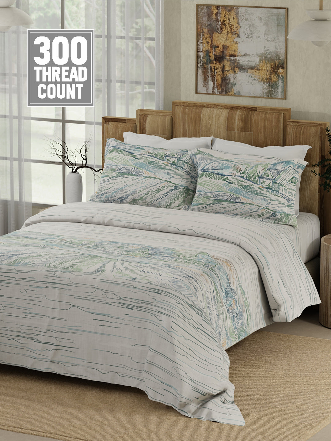 100% Cotton 300 TC White & Blue Digitally Printed King Bedsheet with 2 Pillow Covers - Gardenia Augusta