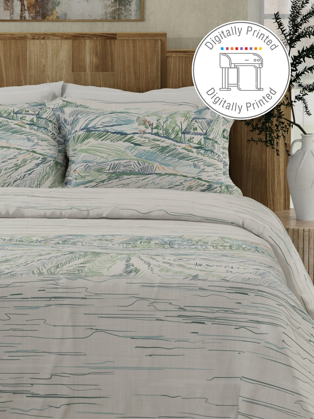 100% Cotton 300 TC White & Blue Digitally Printed King Bedsheet with 2 Pillow Covers - Gardenia Augusta