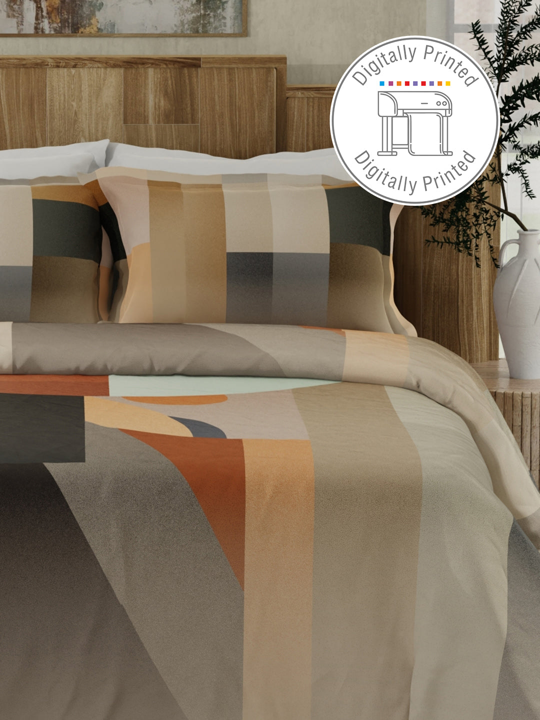 Gardenia Augusta 100% Cotton 300 TC Grey & Beige Digitally Printed King Bedsheet with 2 Pillow Covers