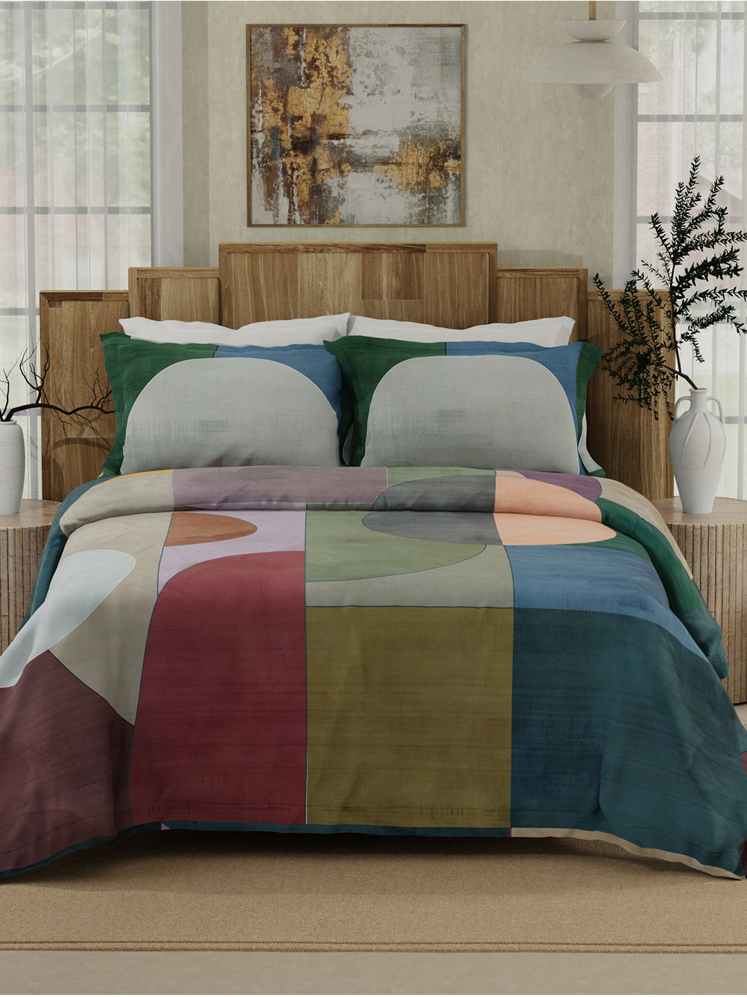 100% Cotton 300 TC Multicolor Digitally Printed King Bedsheet with 2 Pillow Covers - Gardenia Augusta