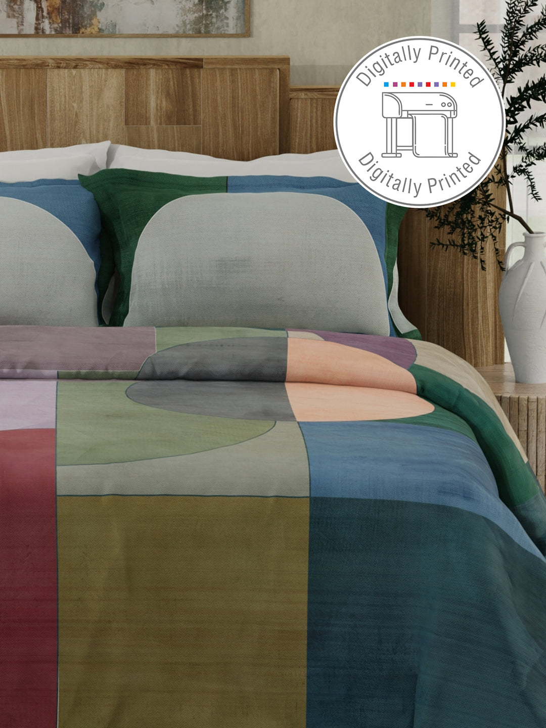 100% Cotton 300 TC Multicolor Digitally Printed King Bedsheet with 2 Pillow Covers - Gardenia Augusta