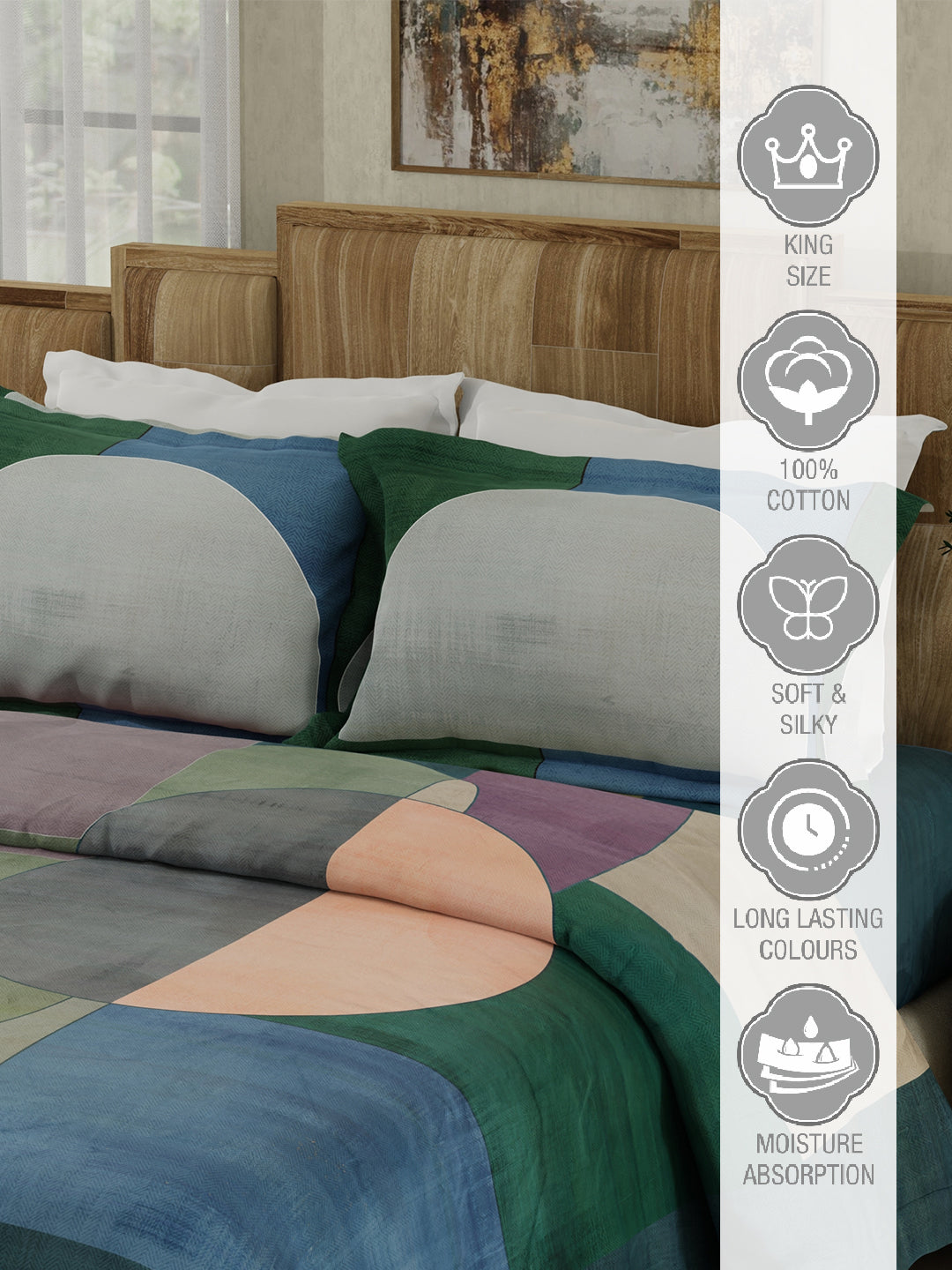 100% Cotton 300 TC Multicolor Digitally Printed King Bedsheet with 2 Pillow Covers - Gardenia Augusta