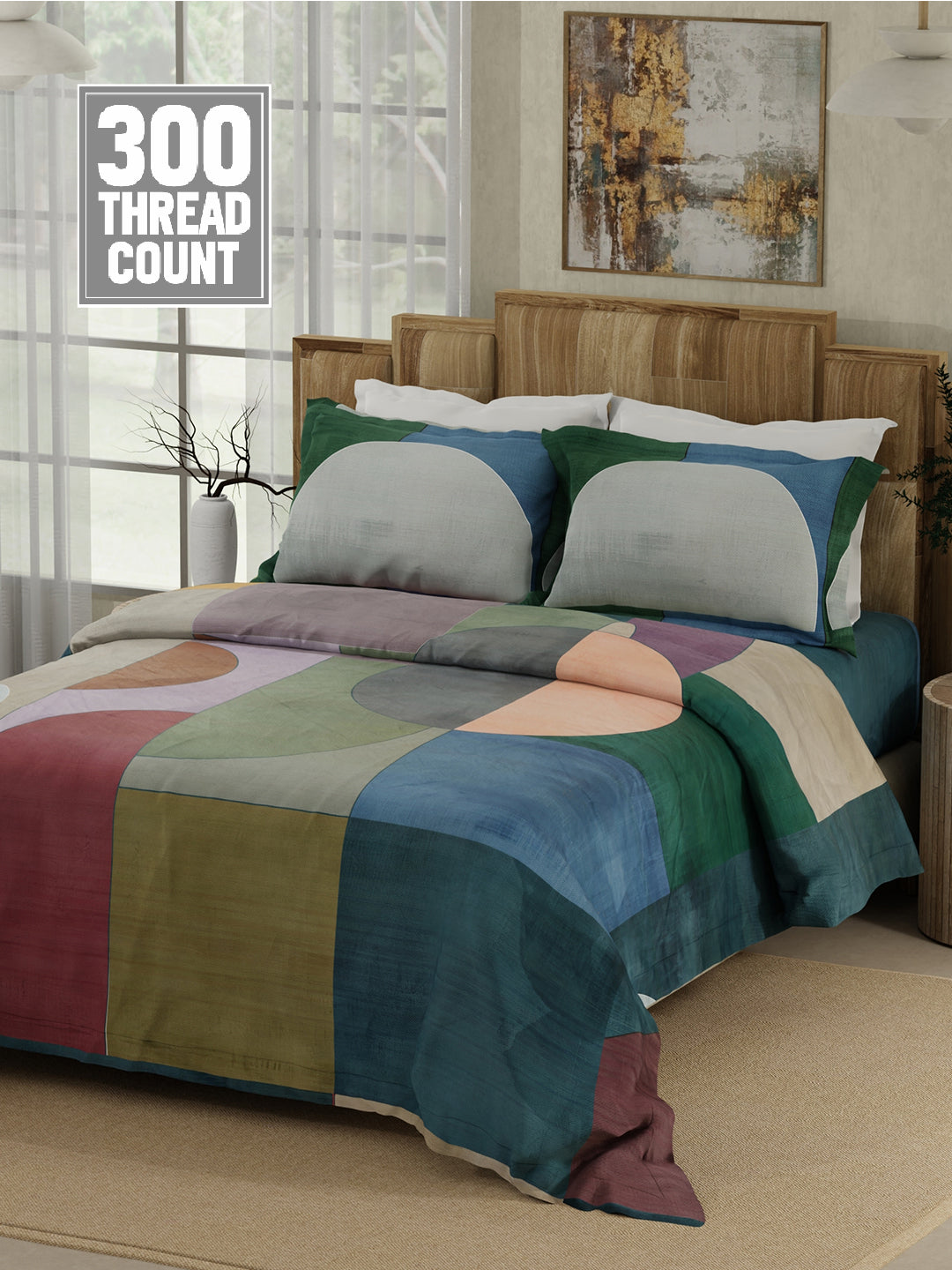 100% Cotton 300 TC Multicolor Digitally Printed King Bedsheet with 2 Pillow Covers - Gardenia Augusta