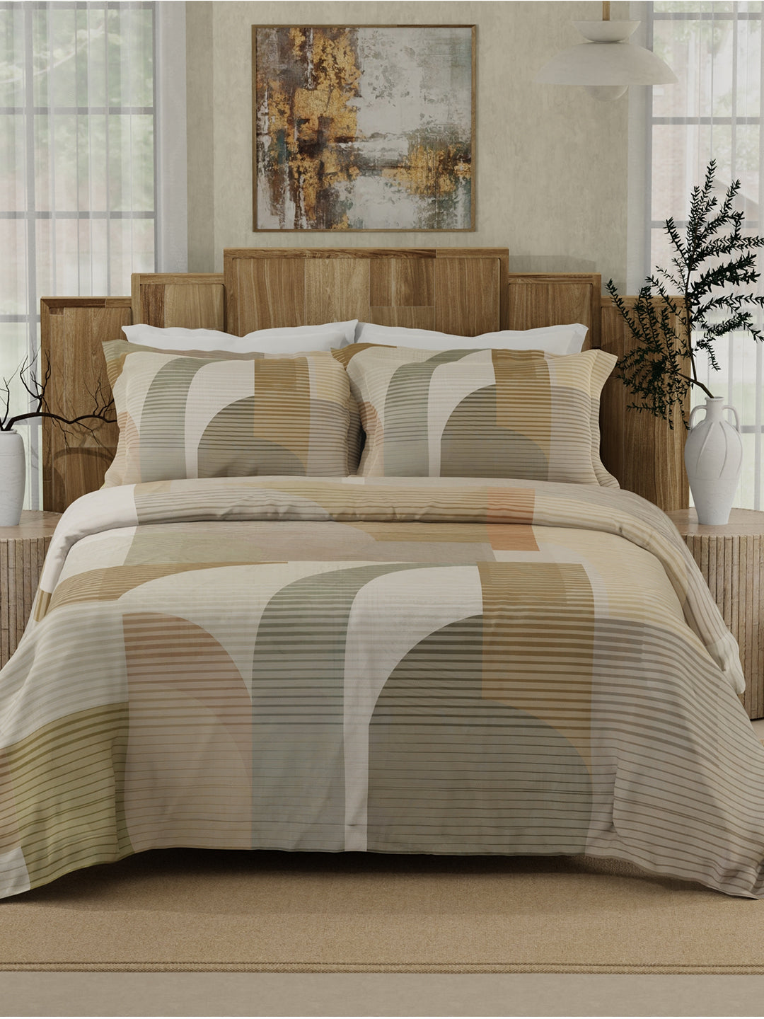 100% Cotton 300 TC Beige & Grey Digitally Printed King Bedsheet with 2 Pillow Covers - Gardenia Augusta