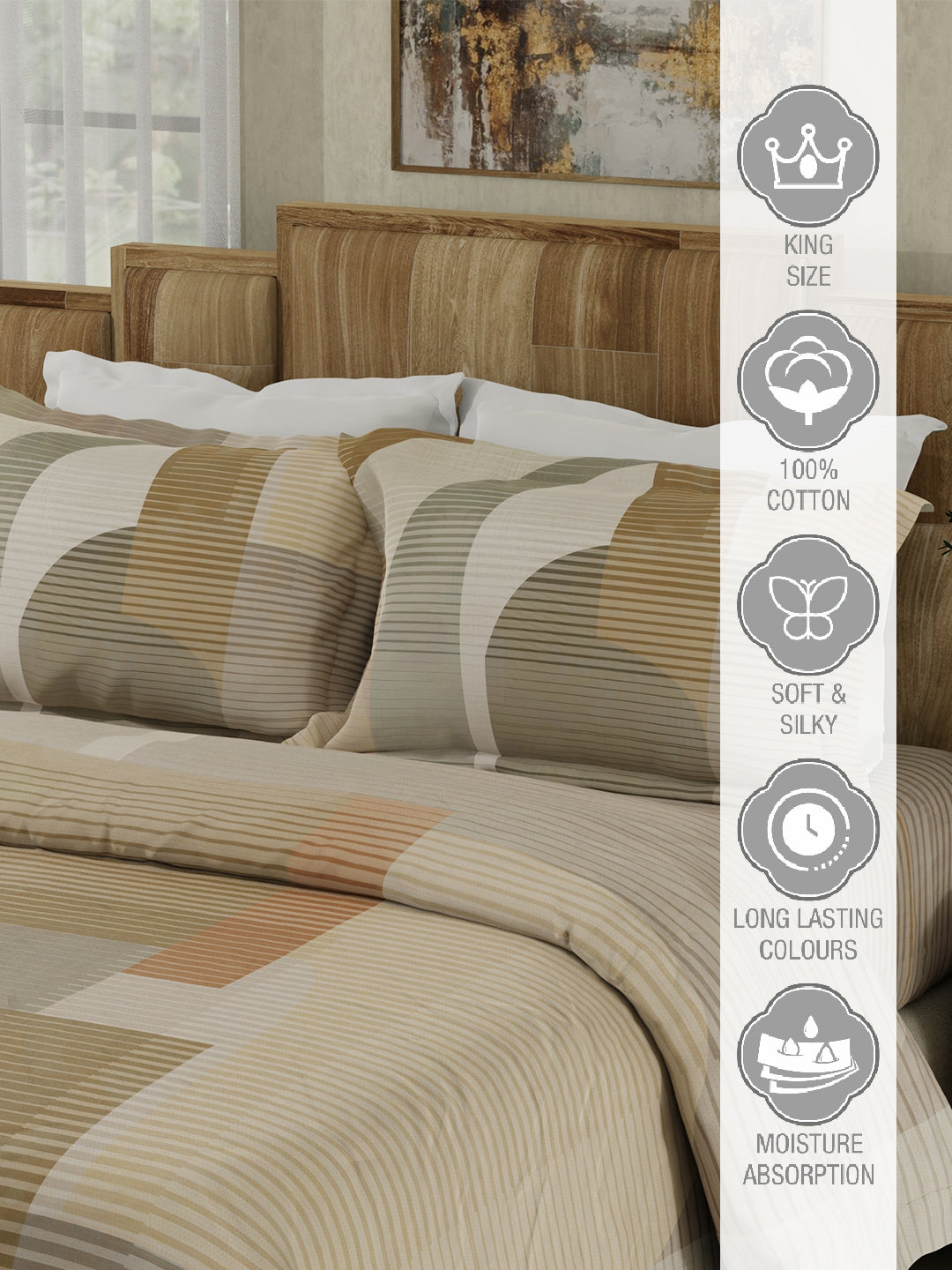 100% Cotton 300 TC Beige & Grey Digitally Printed King Bedsheet with 2 Pillow Covers - Gardenia Augusta