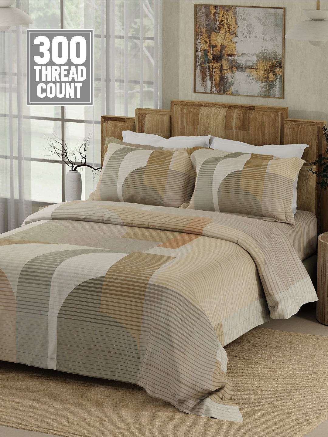 100% Cotton 300 TC Beige & Grey Digitally Printed King Bedsheet with 2 Pillow Covers - Gardenia Augusta