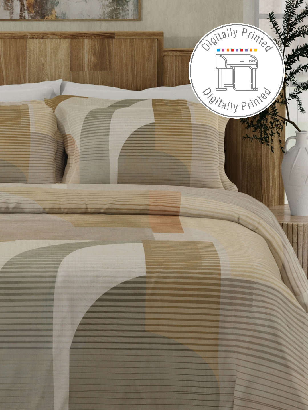 100% Cotton 300 TC Beige & Grey Digitally Printed King Bedsheet with 2 Pillow Covers - Gardenia Augusta