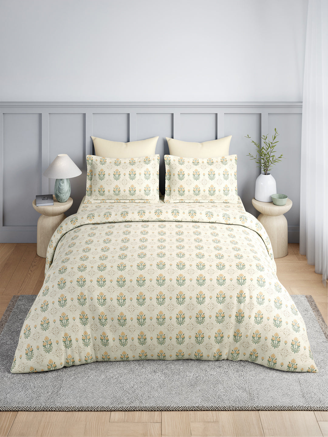 100% Kasturi Cotton King Bedsheet Set, 200 TC Beige & Yellow Floral, Indo Musk