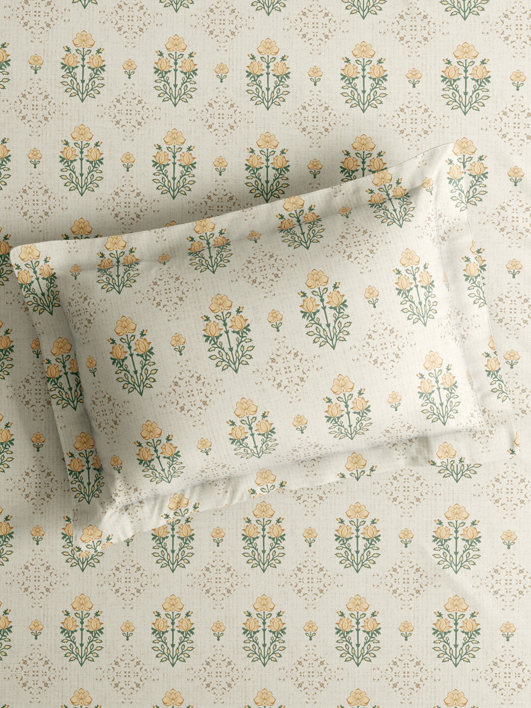 100% Kasturi Cotton King Bedsheet Set, 200 TC Beige & Yellow Floral, Indo Musk