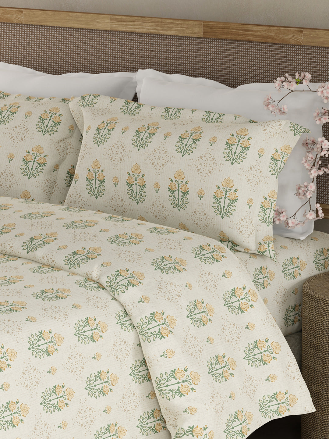100% Kasturi Cotton King Bedsheet Set, 200 TC Beige & Yellow Floral, Indo Musk