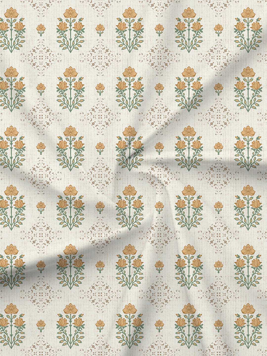 100% Kasturi Cotton King Bedsheet Set, 200 TC Beige & Yellow Floral, Indo Musk