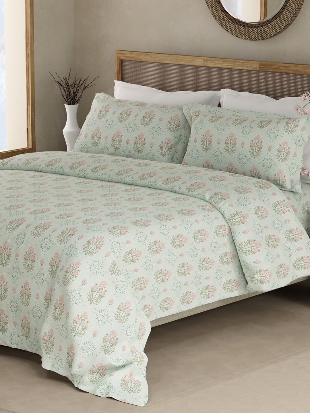 100% Kasturi Cotton King Bedsheet Set, 200 TC Grey & Pink Floral, Indo Musk