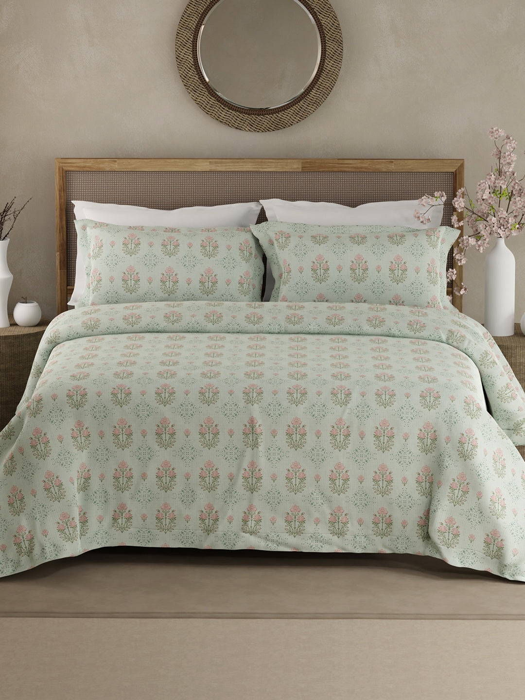 100% Kasturi Cotton King Bedsheet Set, 200 TC Grey & Pink Floral, Indo Musk