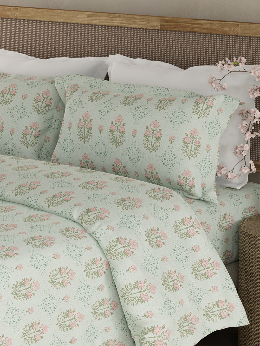 100% Kasturi Cotton King Bedsheet Set, 200 TC Grey & Pink Floral, Indo Musk