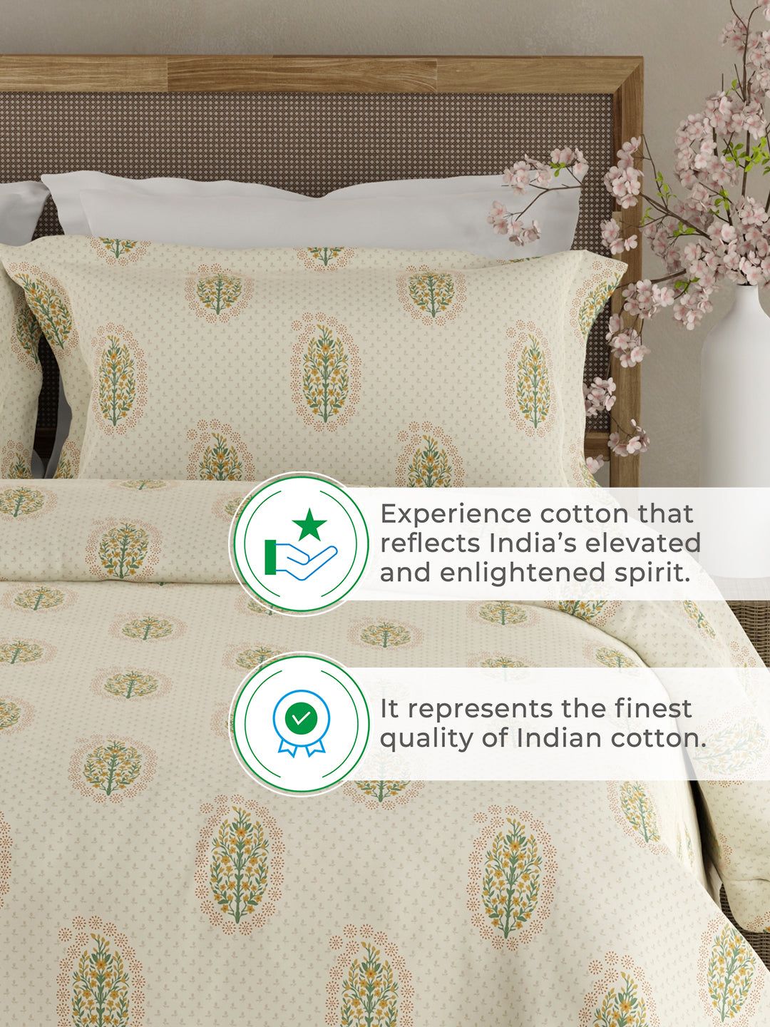 100% Kasturi Cotton King Bedsheet Set, 200 TC Cream Floral, Indo Musk