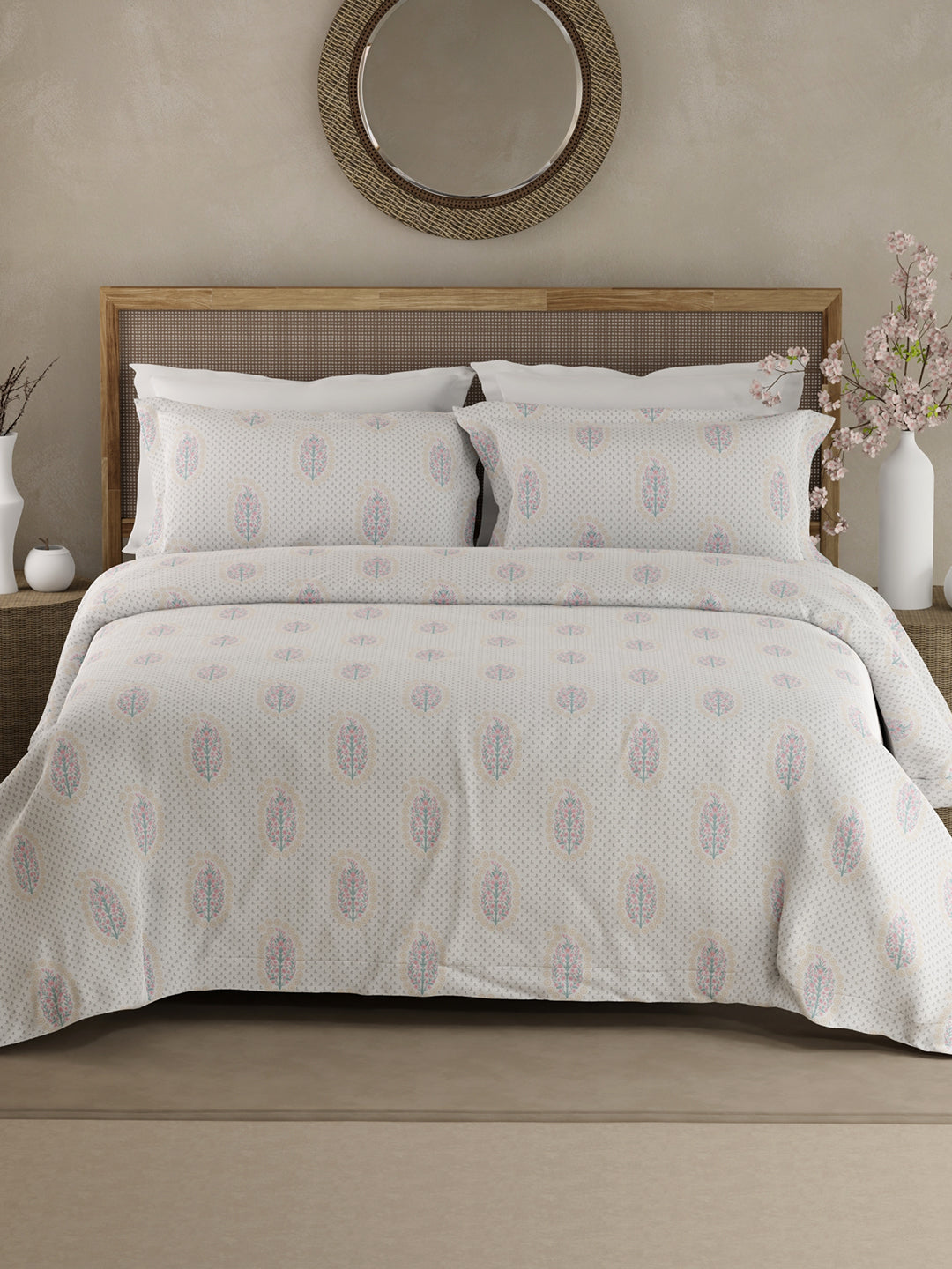 100% Kasturi Cotton King Bedsheet Set, 200 TC White & Grey Floral, Indo Musk
