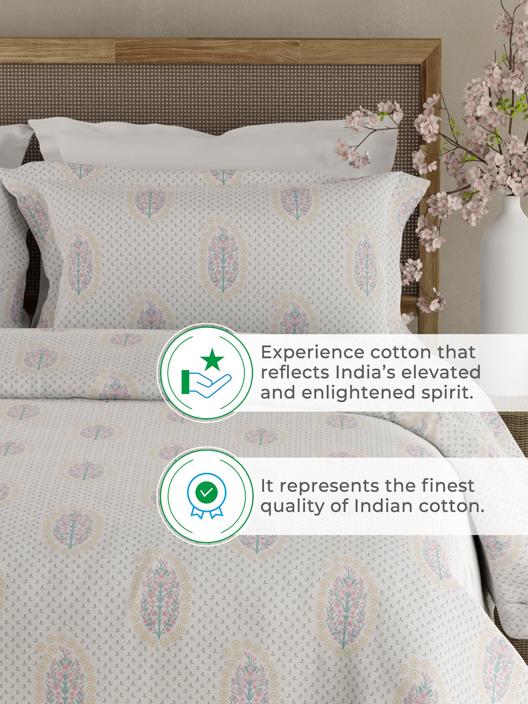 Indo Musk 100% Kasturi Cotton 200 TC White & Grey Floral King Bedsheet with 2 Pillow Covers