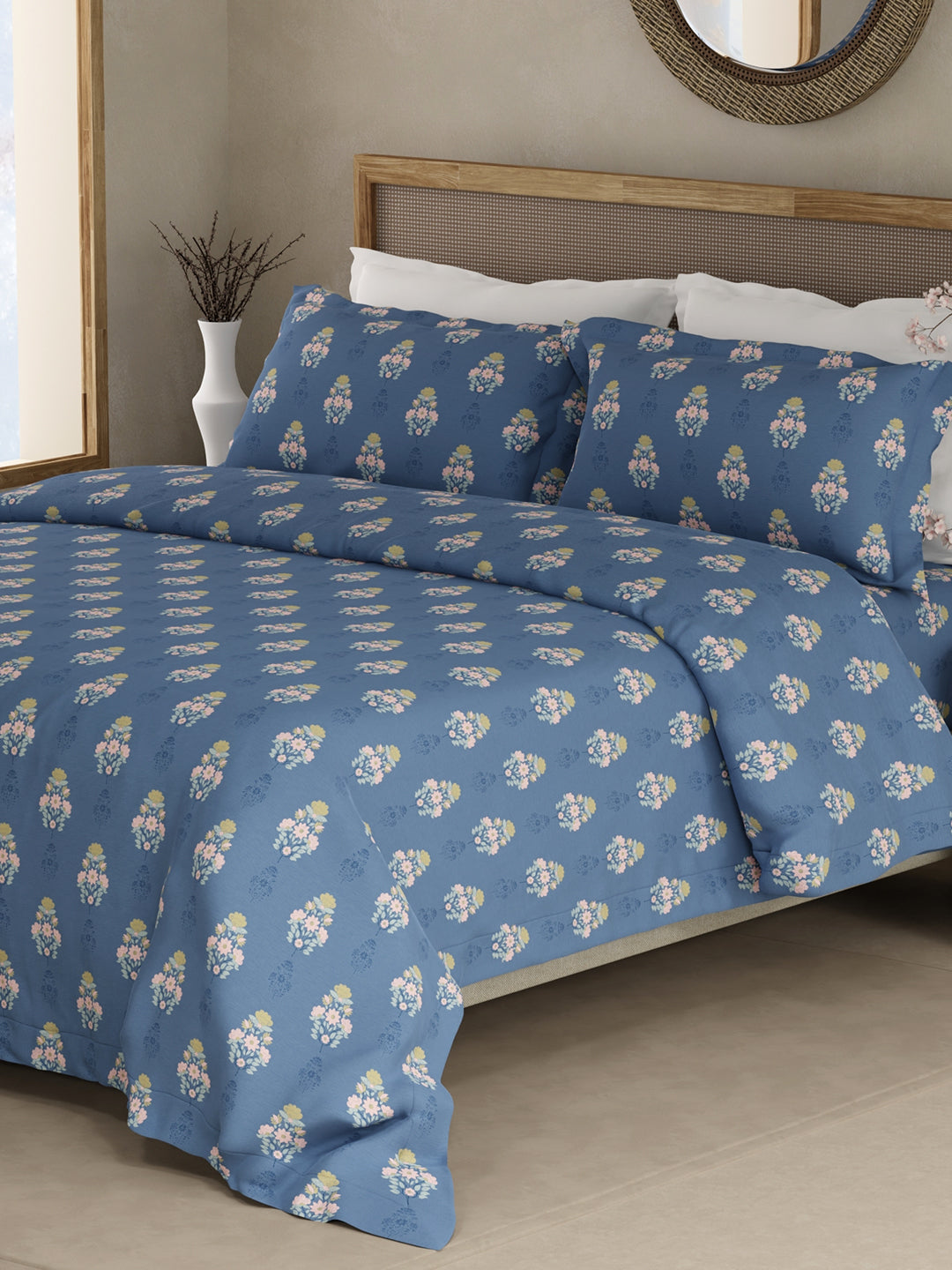 100% Kasturi Cotton King Bedsheet Set, 200 TC Blue Floral, Indo Musk