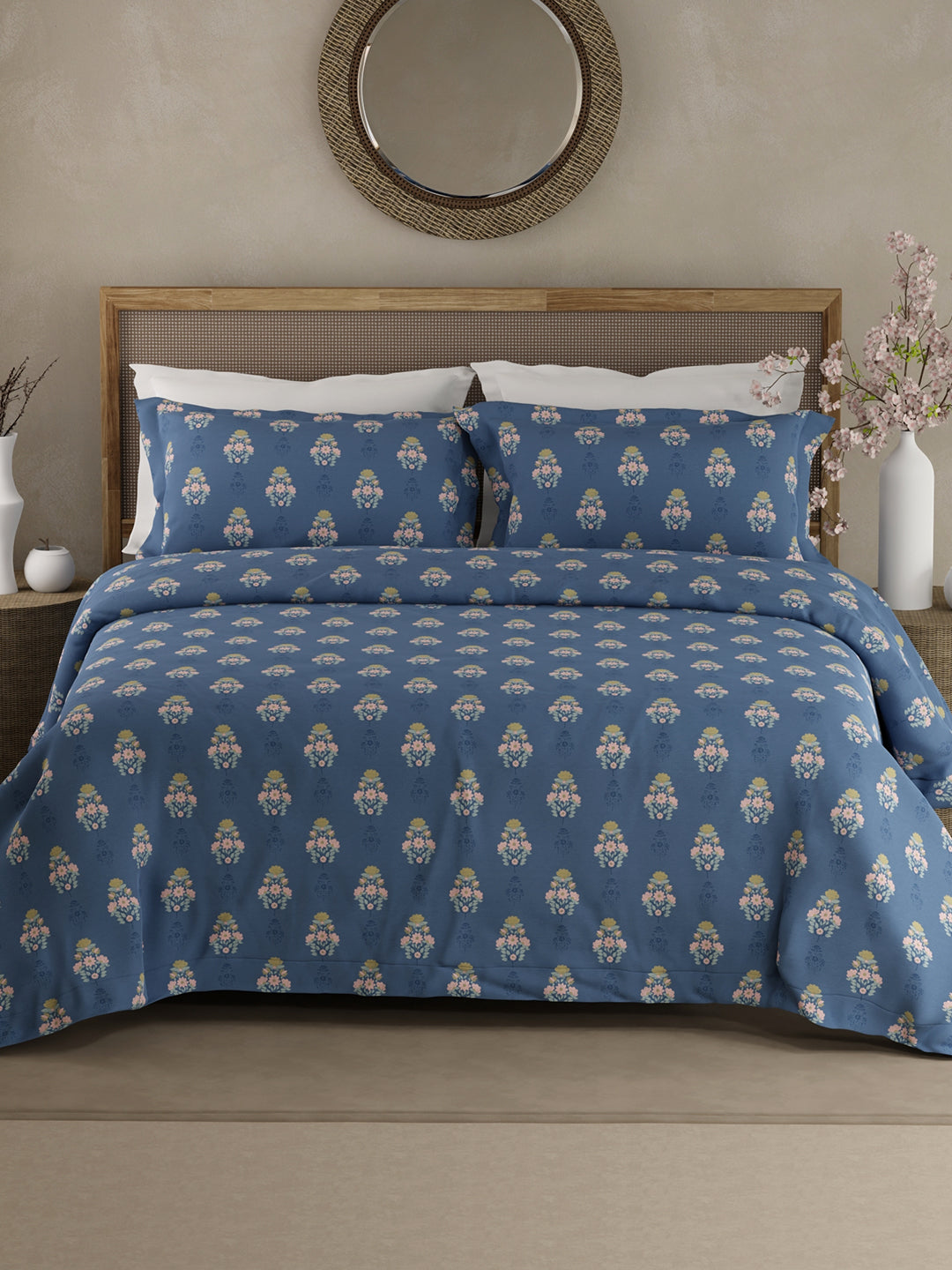 100% Kasturi Cotton King Bedsheet Set, 200 TC Blue Floral, Indo Musk