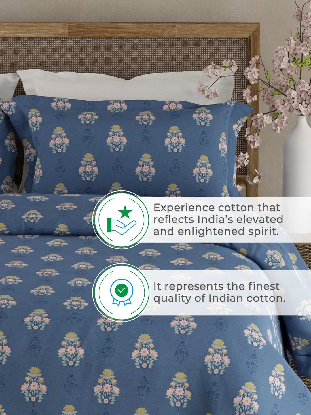 100% Kasturi Cotton King Bedsheet Set, 200 TC Blue Floral, Indo Musk