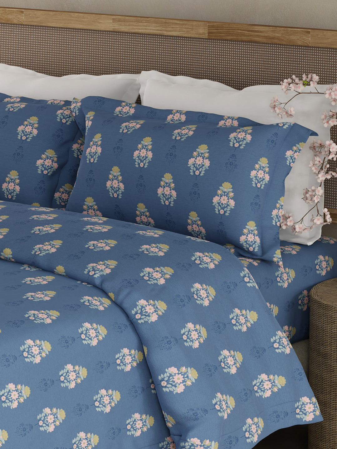100% Kasturi Cotton King Bedsheet Set, 200 TC Blue Floral, Indo Musk