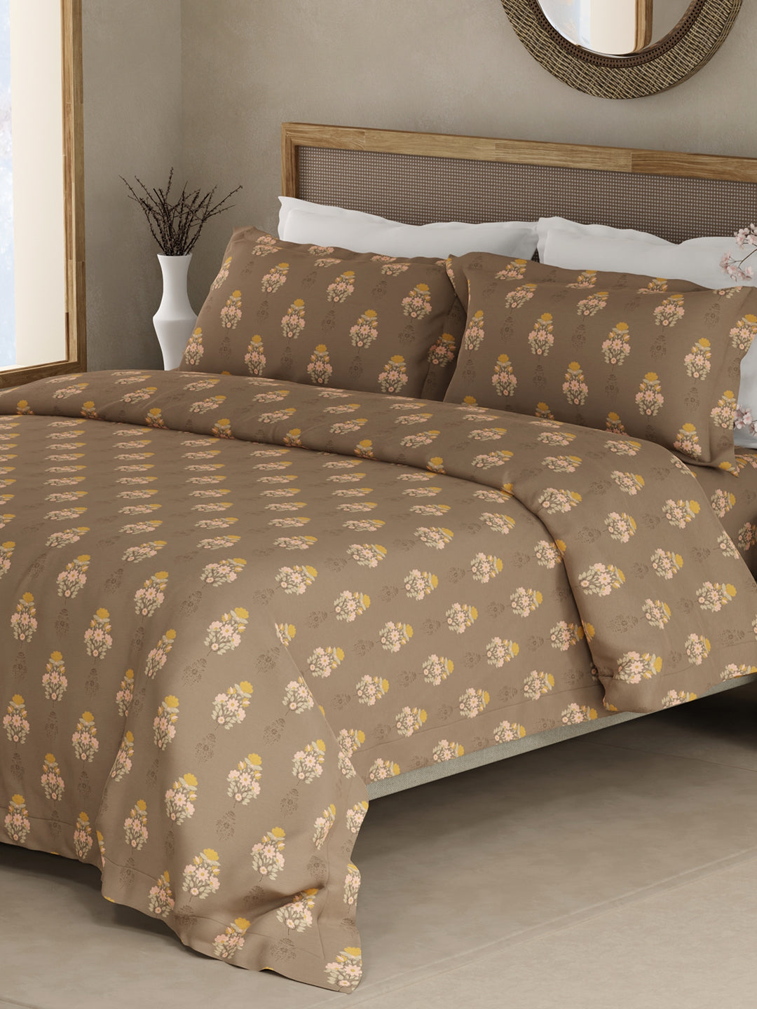 100% Kasturi Cotton King Bedsheet Set, 200 TC Brown Floral, Indo Musk