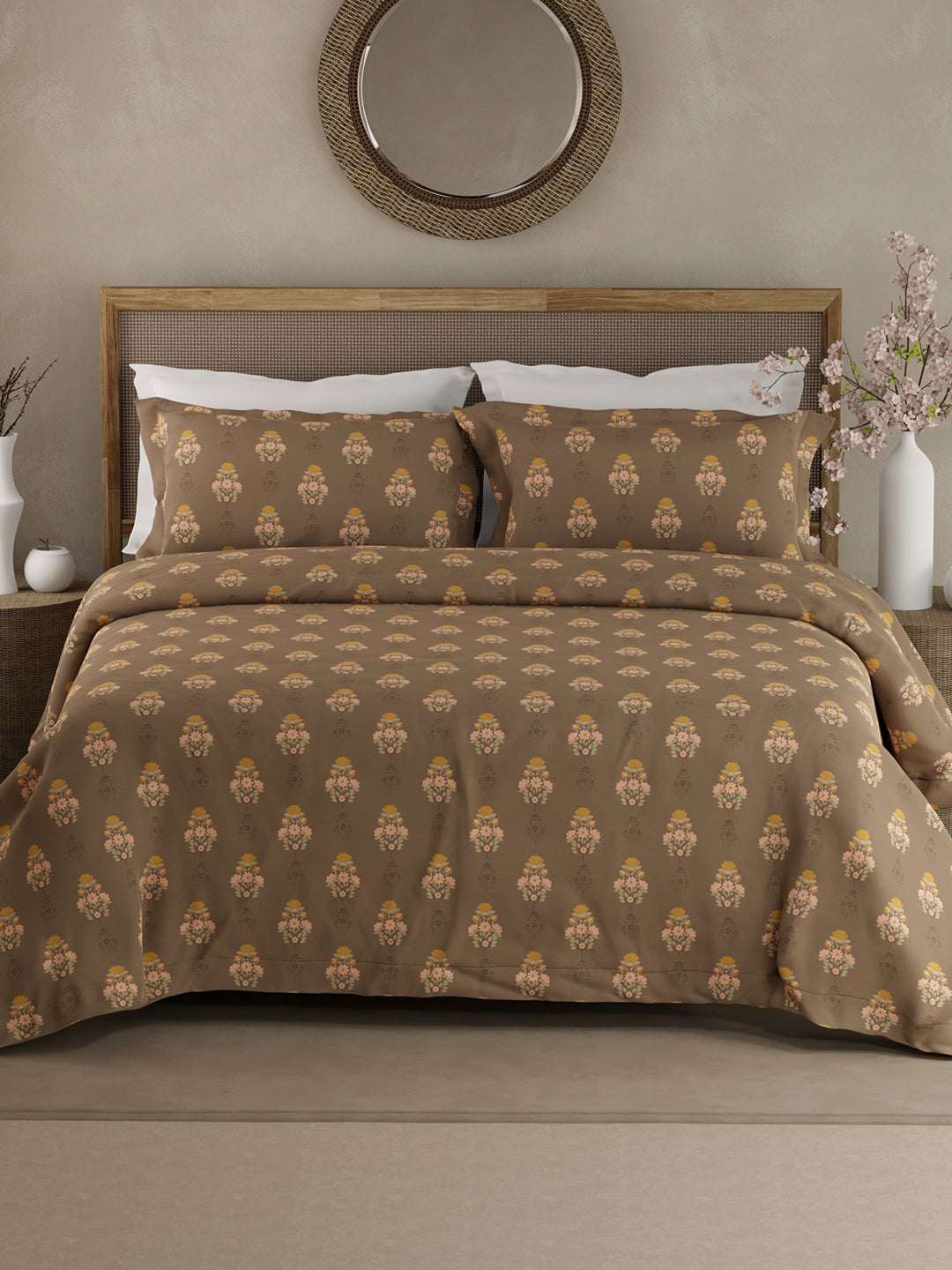 100% Kasturi Cotton King Bedsheet Set, 200 TC Brown Floral, Indo Musk