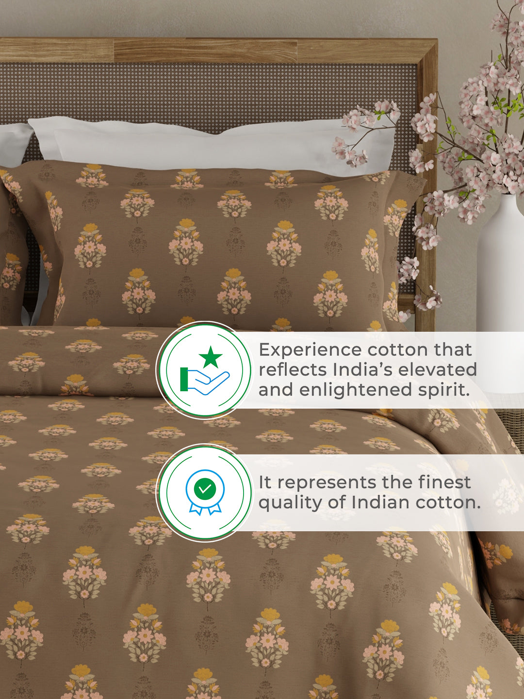 100% Kasturi Cotton King Bedsheet Set, 200 TC Brown Floral, Indo Musk