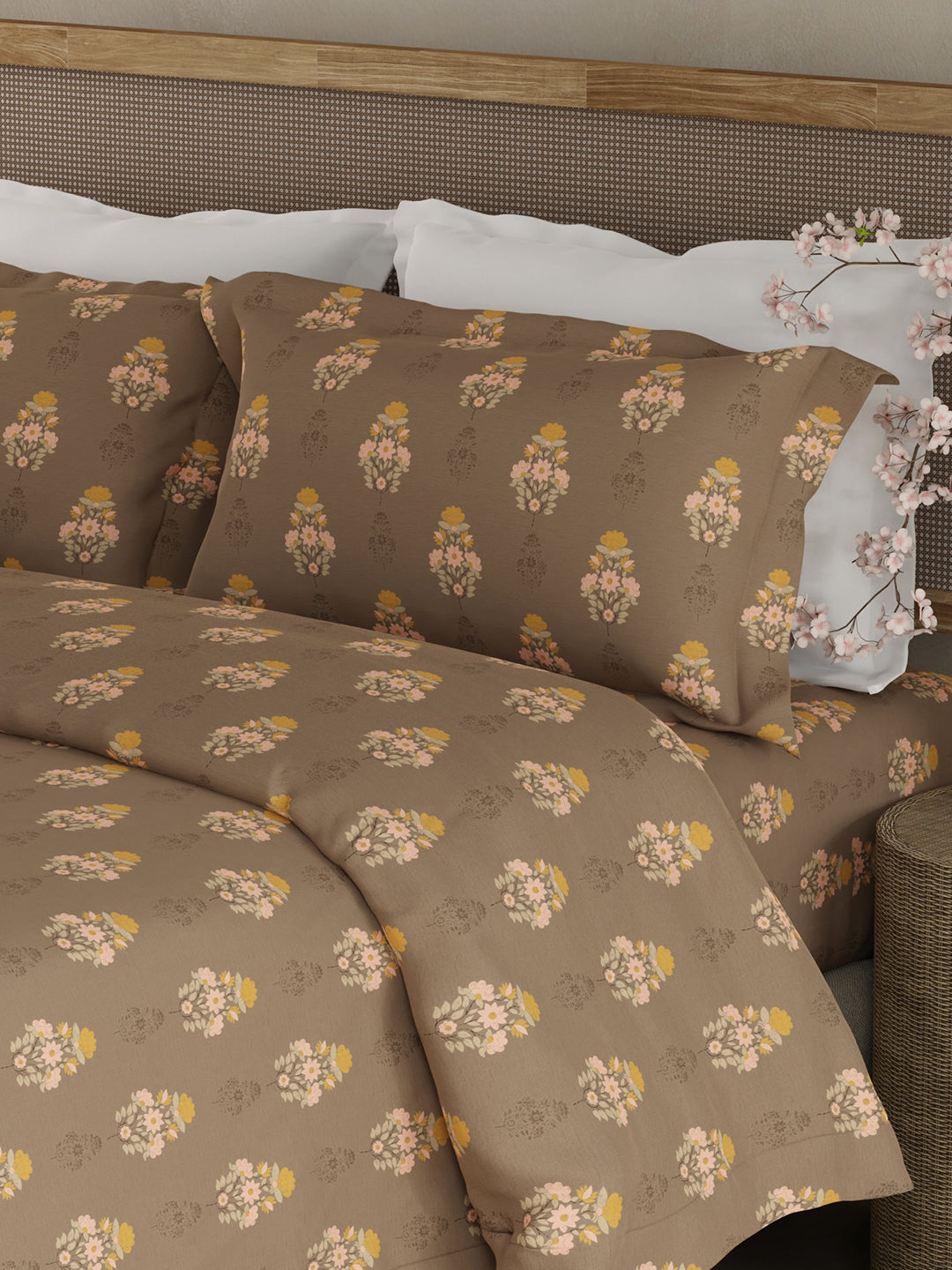 100% Kasturi Cotton King Bedsheet Set, 200 TC Brown Floral, Indo Musk