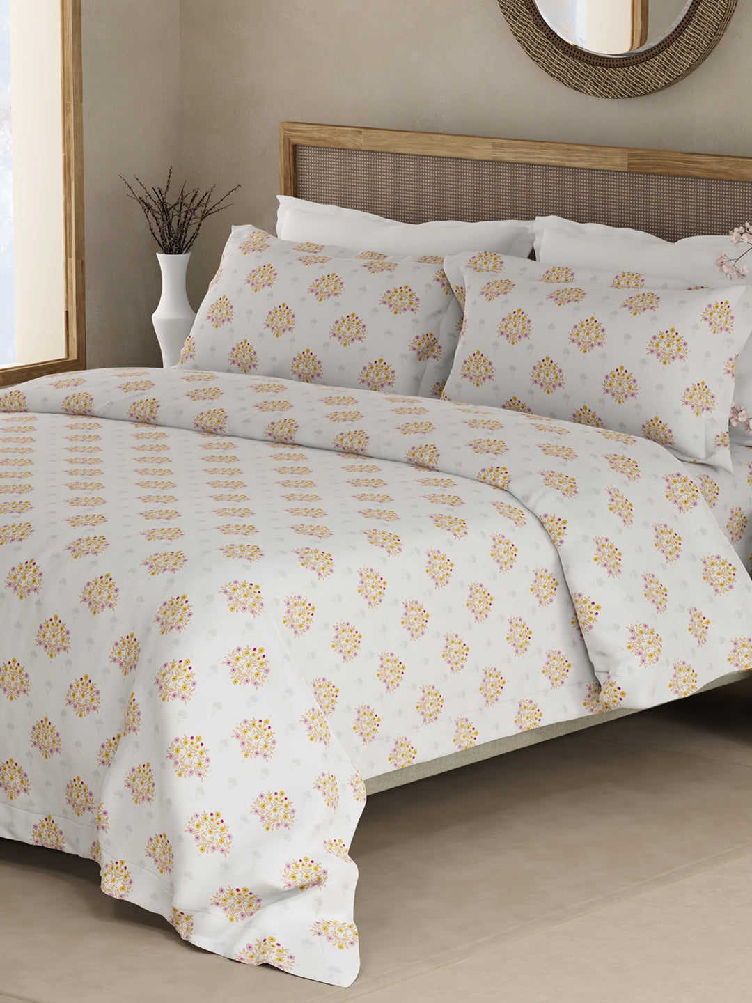 100% Kasturi Cotton King Bedsheet Set, 200 TC White Yellow & Pink Floral, Indo Musk