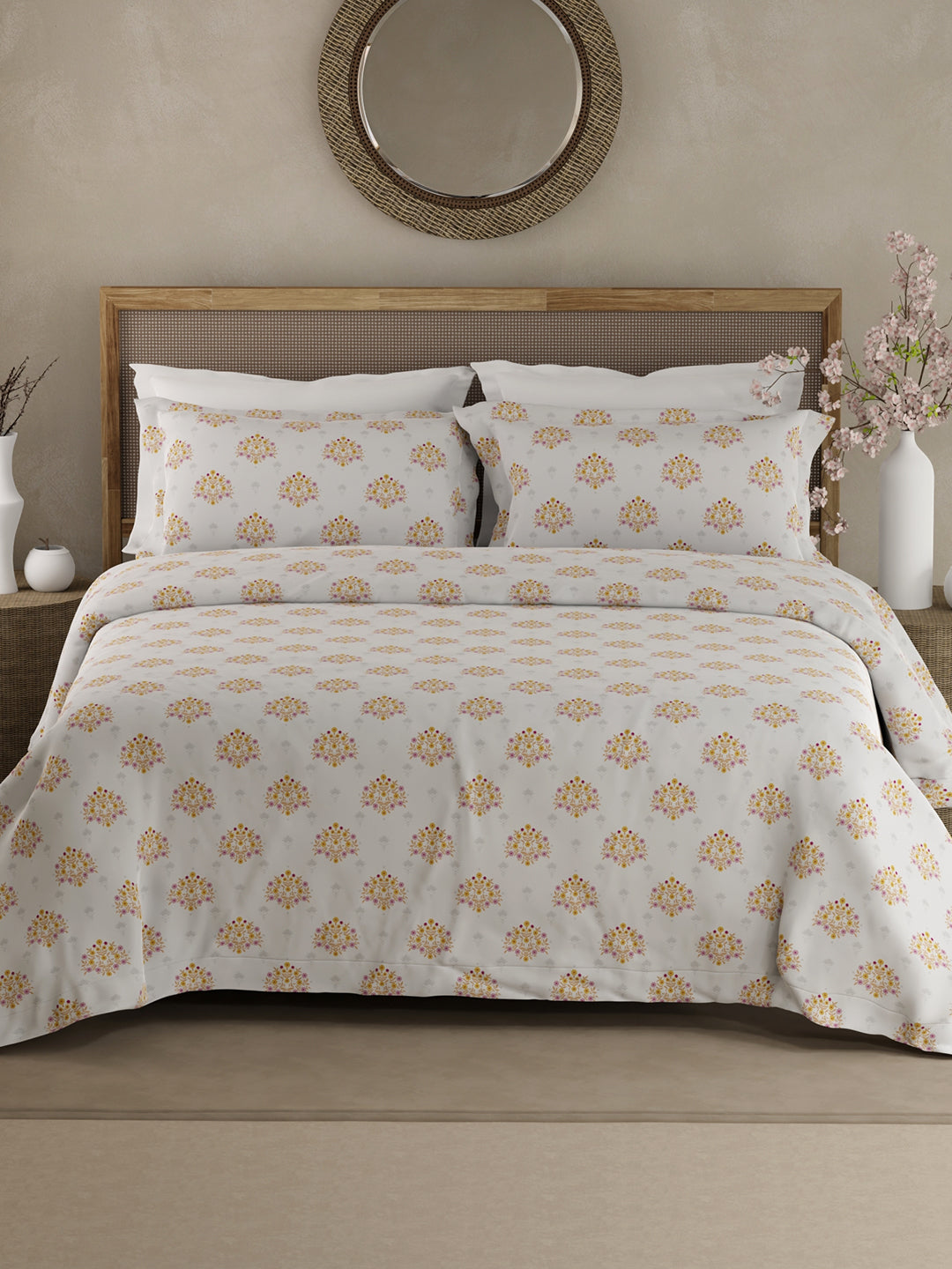 100% Kasturi Cotton King Bedsheet Set, 200 TC White Yellow & Pink Floral, Indo Musk