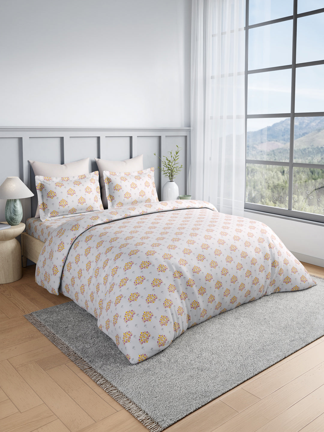 100% Kasturi Cotton King Bedsheet Set, 200 TC White Yellow & Pink Floral, Indo Musk