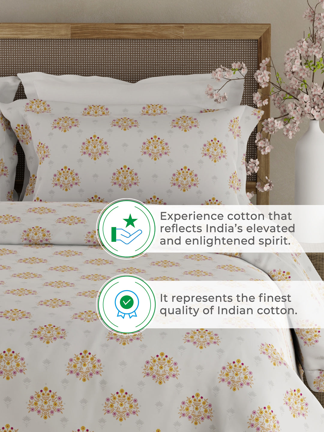 100% Kasturi Cotton King Bedsheet Set, 200 TC White Yellow & Pink Floral, Indo Musk