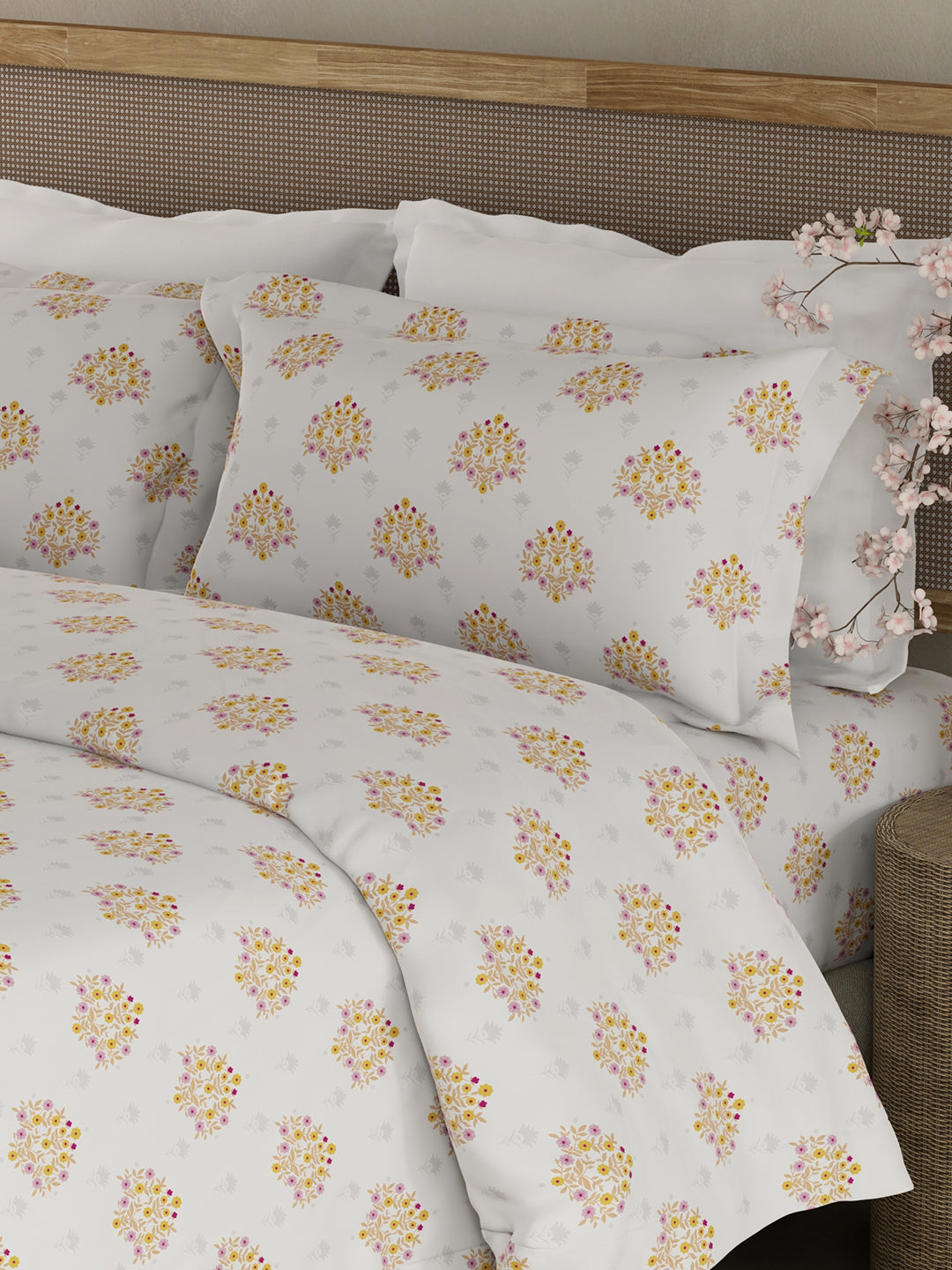 100% Kasturi Cotton King Bedsheet Set, 200 TC White Yellow & Pink Floral, Indo Musk