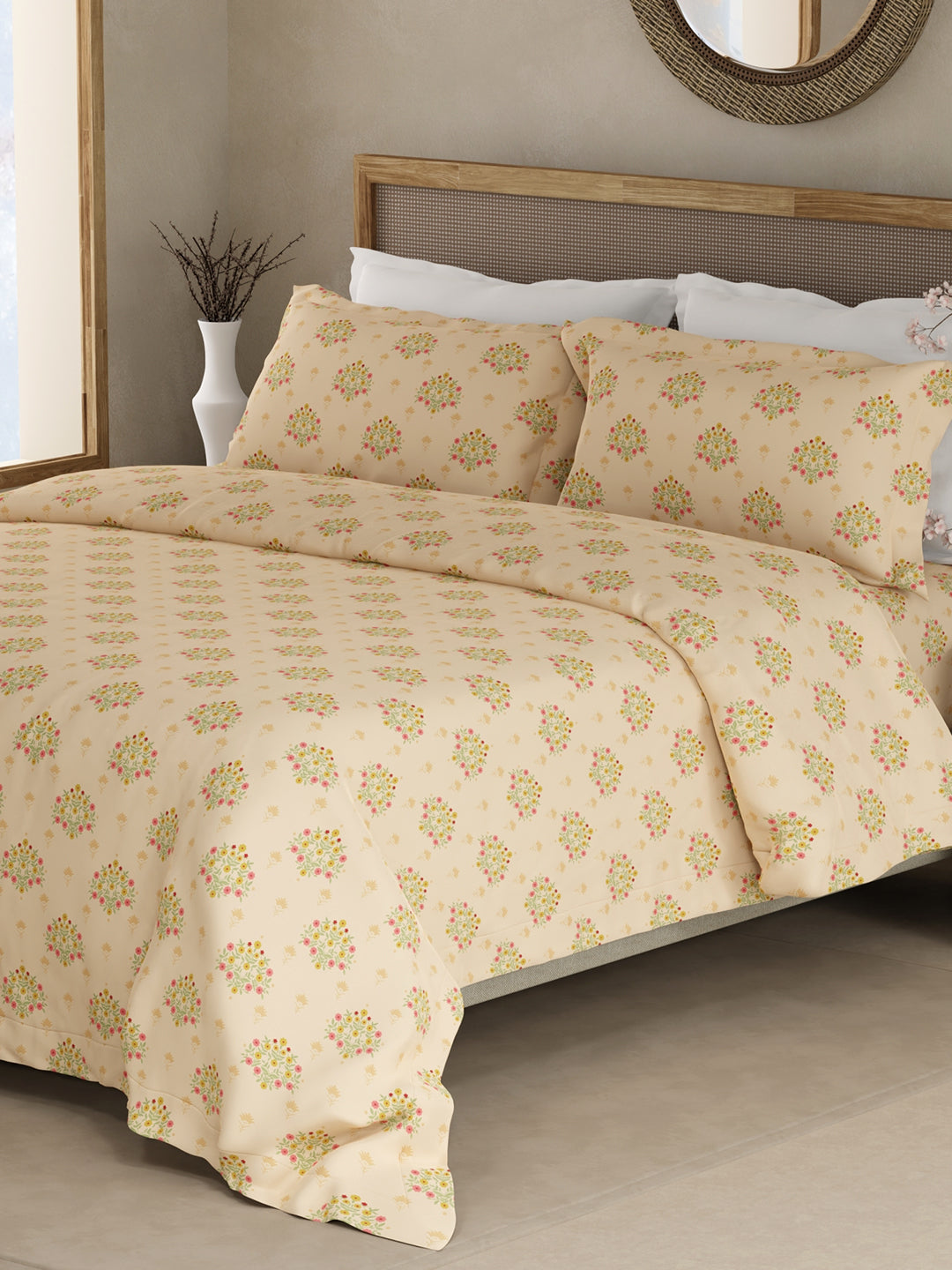 100% Kasturi Cotton King Bedsheet Set, 200 TC Light Yellow Floral, Indo Musk